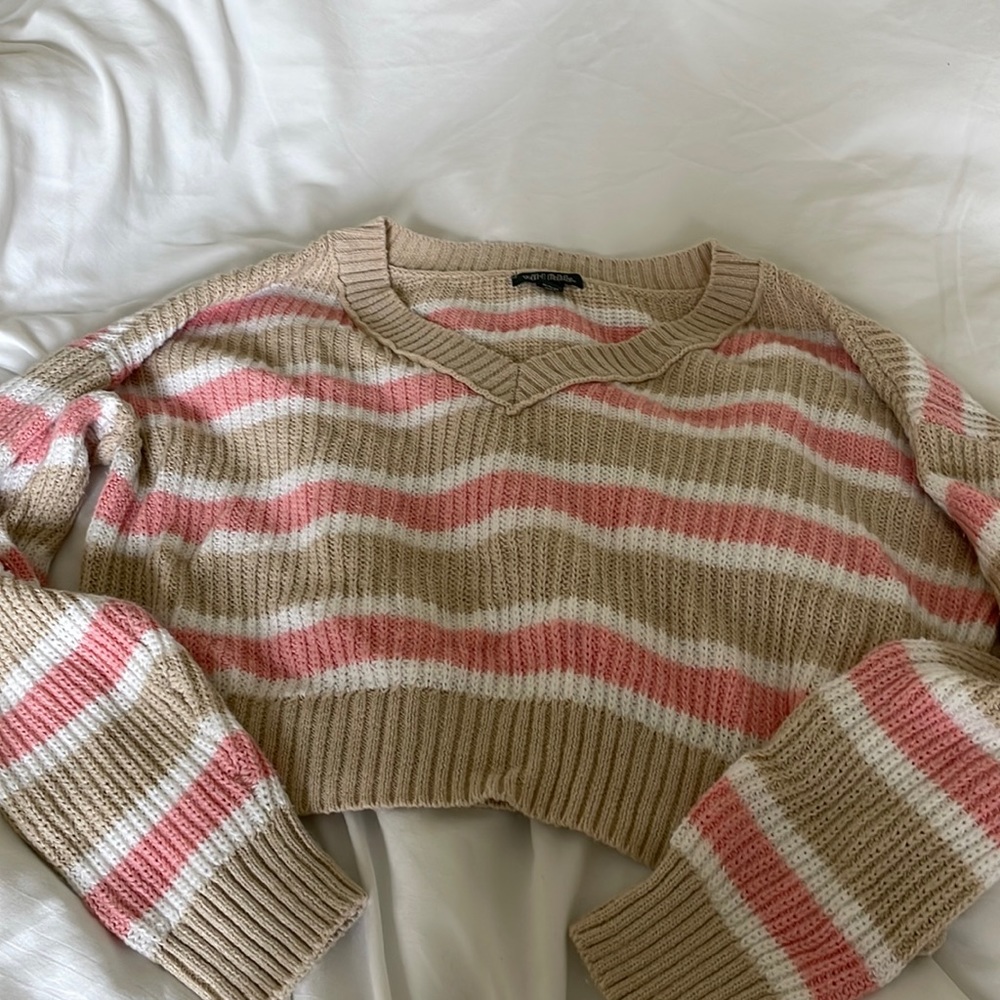 Striped pink and tan v neck sweater
